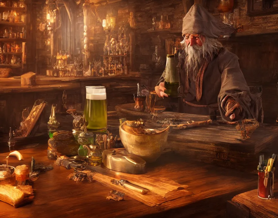 Image similar to old sage wizard drink beer from wooden cup in fantasy tavern, beautiful texture, beautiful graphics, fantasy artwork, very beautiful scenery, hd, hdr, ue 5, ue 6, unreal engine 5, cinematic 4 k wallpaper, 8 k, ultra detailed