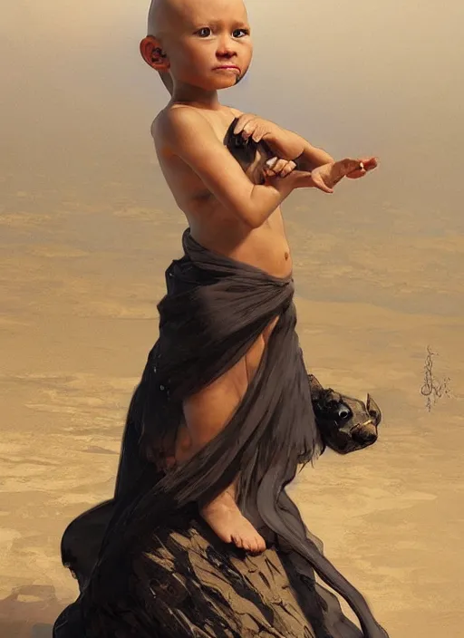 Image similar to a little black frog - child with no hair wearing a white robe, standing in the arabian desert, beautiful painting by artgerm and greg rutkowski and alphonse mucha