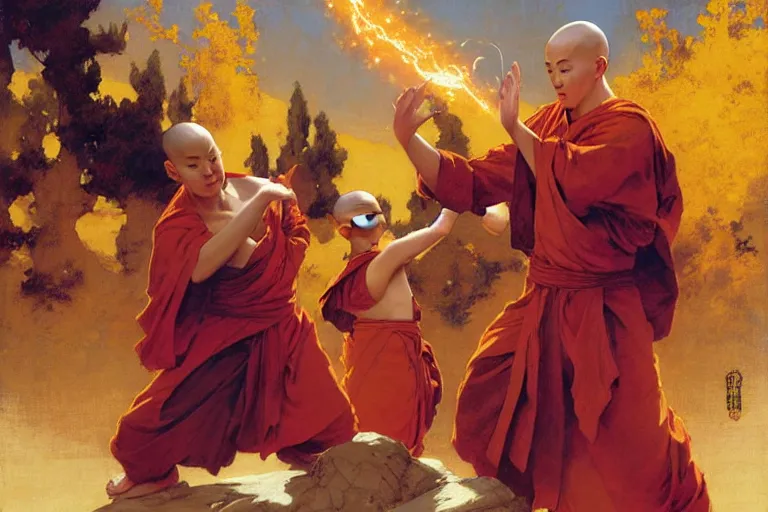 Prompt: monks teaching airbending from the last airbender, painting by gaston bussiere, craig mullins, j. c. leyendecker