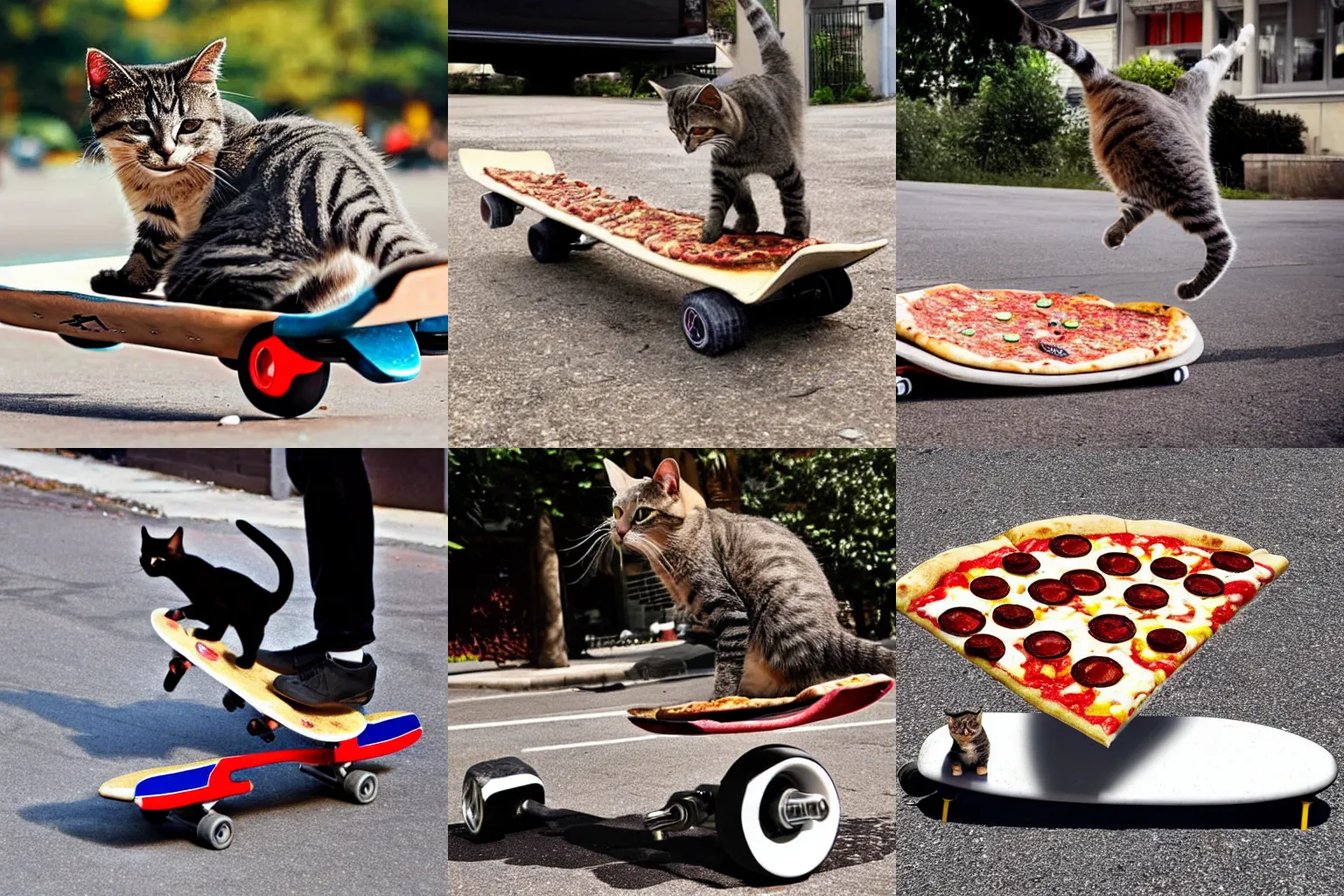 Prompt: a cat doing a kickflip on a pizza skateboard.