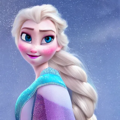 Prompt: Elsa from Frozen as real cute girl photorealistic style riding on snow unicorn