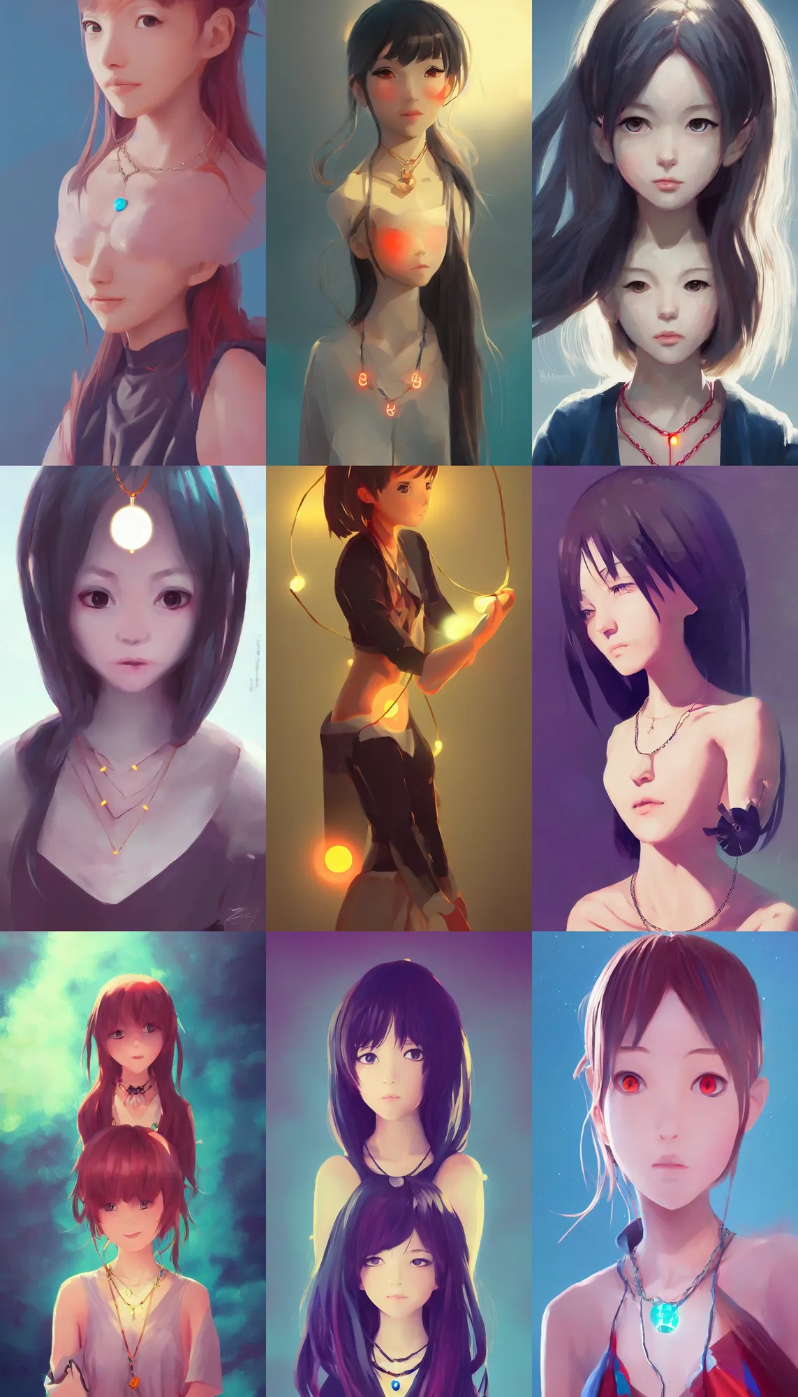 Prompt: a portrait cute girl anime girl wearing a beautiful glowing necklace. organic painting, matte painting, bold shapes, hard edges, trending on artstation, in the style of ilya kuvshinov.