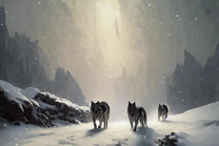 Image similar to a pack of wolves walking in a terrible snowstorm, luminous sky, by greg rutkowski and alphonse mucha, gradient brown to white, rocky mountains background, highly detailed landscape, digital painting, artstation, concept art, smooth, sharp focus illustration