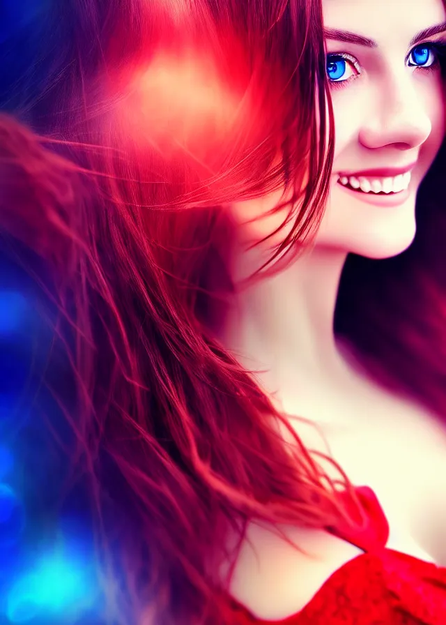 Image similar to epic digital photo portrait of stunning brunette woman, perfect face, blue eyes, smiling, red sapphire dress, hdr, 4 k, wlop, pixiv, gorgeous, much wow, cinematic