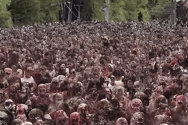 Prompt: distant footage of a crowd being devoured by zombies