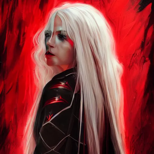 Prompt: stunning comic book style portrait painting of Long White Haired beautiful european woman wearing red dress holding black blade, red eyes, in the style of WLOP, 8k masterpiece, cinematic lighting, pristine clean design, high fantasy, insanely detailed, atmospheric,