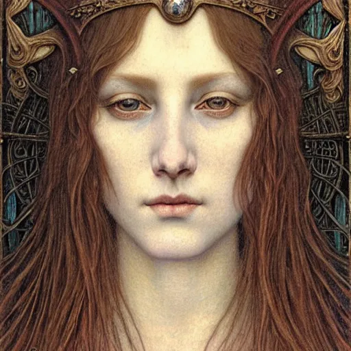 Image similar to detailed realistic beautiful young medieval queen face portrait by jean delville and marco mazzoni, art nouveau, symbolist, visionary, gothic, pre - raphaelite