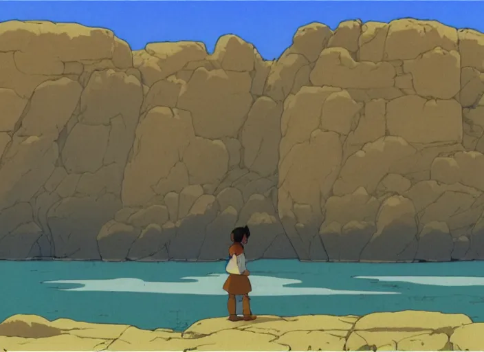 Image similar to bathed in sun, pleasing morning, appealing smooth flat rocky environment sunningrocks by the river's shore, sparse clearing, still placid environment matte painting from studio ghibli and the fox and the hound ( 1 9 8 1 )