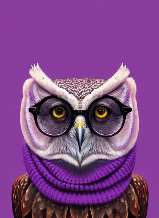 Prompt: a portrait of a stern owl wearing horn rimmed glasses and a purple knit scarf wrapped around his neck. matte painting concept art, art nouveau, beautifully backlit, swirly vibrant color lines, fantastically gaudy, aesthetic octane render, 8 k hd resolution, by ilya kuvshinov and cushart krent and gilleard james