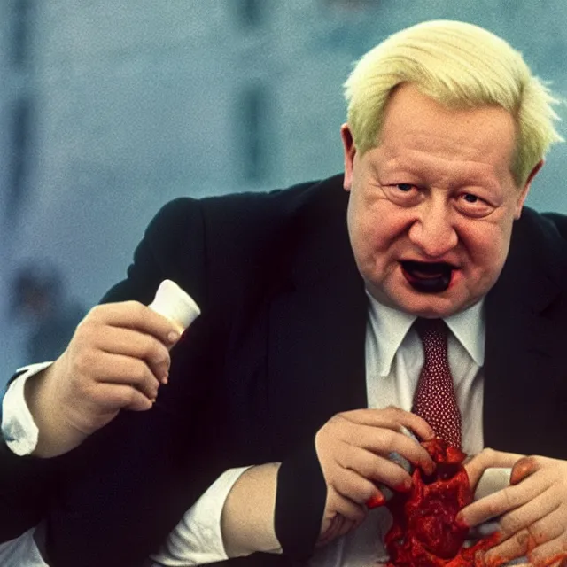 Image similar to president boris yeltsin pours red - hot lead into the mouth of a sinner in hell, infernal art in color