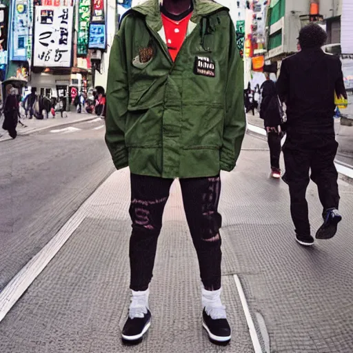 Image similar to black man with afro hair, stubble, wearing an adidas army green jacket, in the streets of tokyo, akira style, by katsuhiro otomo, anime