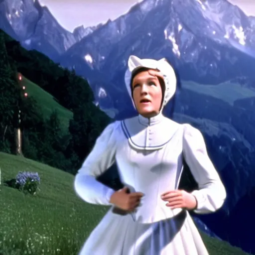 Image similar to julie andrews in a white cat costume, austria, film still, sound of music, 4 k, 8 k