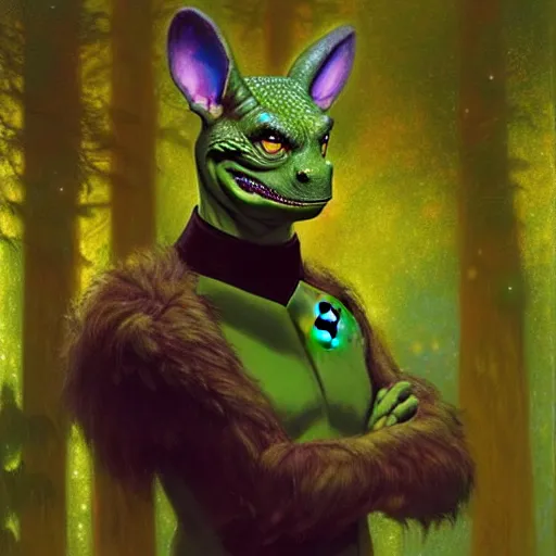 Image similar to a portrait of a male green reptile in star trek uniform at night in a dark forest. zootopia fursona furaffinity detailed face painting by gaston bussiere craig mullins jc leyendecker gustav klimt artgerm greg rutkowski