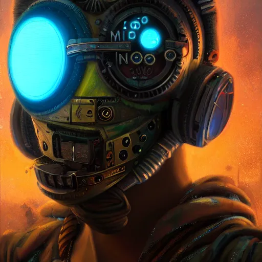 Prompt: a mursi cyberpunk hacker, steampunk stargate by greg rutkowski and android jones in a surreal portrait style, oil on canvas, ancient cyberpunk 8k resolution