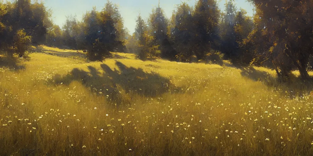 Image similar to an oil painting of a beautiful meadow; masterpiece; extremely-detailed; by Craig Mullins