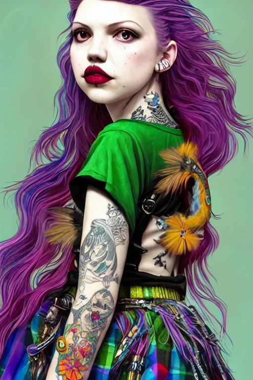 Prompt: portrait of hannah murray as a punk woman with green mohawk, neotraditional tattoos, fishnets, long tartan skirt as phoenix queen, feathers, wings, rainbow clothes,, sci - fi, intricate and very very beautiful and elegant, highly detailed, digital painting, artstation, smooth and sharp focus, illustration, art by tian zi and wlop and alphonse mucha