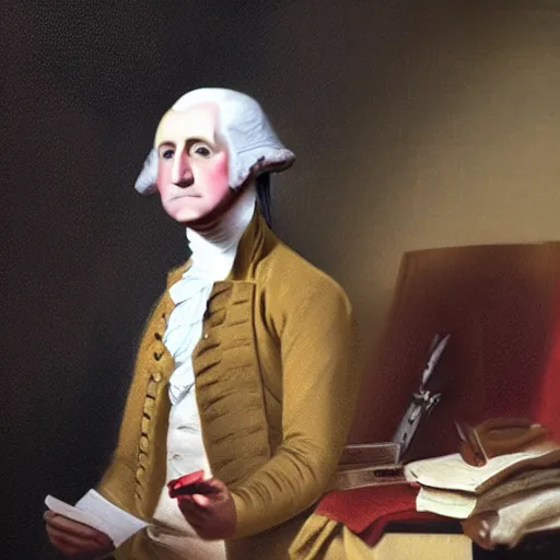 Prompt: George Washington trying to use an iphone. Confused frustrated annoyed, dramatic photo