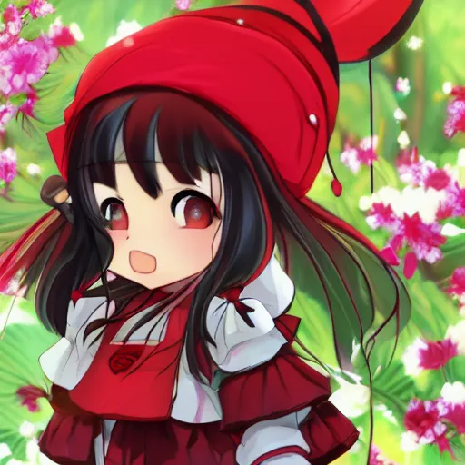 Image similar to a medibang of reimu in the jungle wearing bonnet