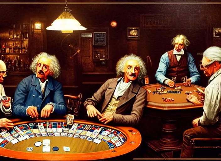 Image similar to isaac newton and stephen hawkins and albert einstein playing poker in an old west saloon, intricate, highly detailed, centered, digital painting, artstation, concept art, smooth, sharp focus, illustration, art by james gurney and norman rockwell and greg rutkowski