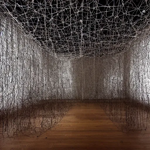 Prompt: fantastical structures by Chiharu Shiota