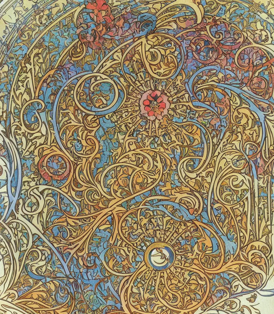 Image similar to colourful detailed ornamental abstract art nouveau circular arch, circle, art by alphonse mucha and walter crane and louis sullivan and william morris