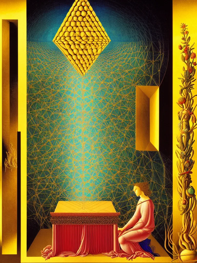 Prompt: hyperrealistic still life portrait of a mind exploding inside of a serene temple, beautiful plans, sacred geometry, light refracting through prisms in a tesseract, by sandro botticelli, botanical print, surrealism, vivid colors, serene, golden ratio, rule of thirds, negative space, minimalist composition