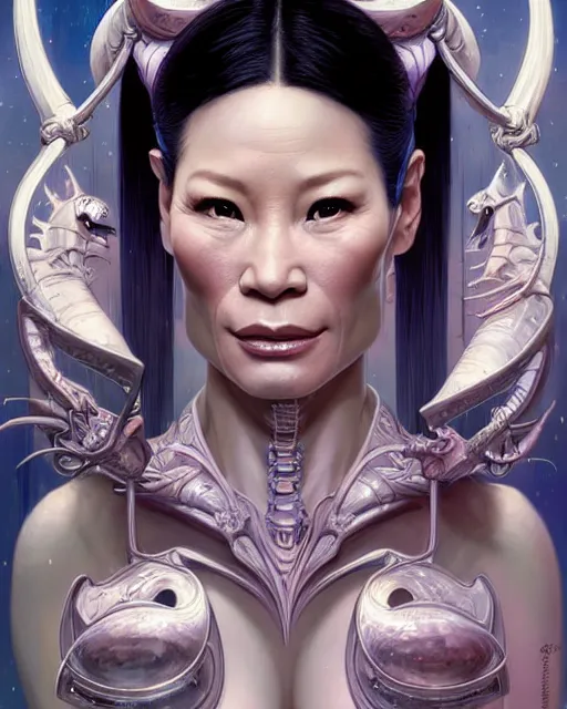 Prompt: beautiful gemini fantasy character portrait, lucy liu looking in the mirror, ultra realistic, wide angle, intricate details, blank background, highly detailed by peter mohrbacher, hajime sorayama, wayne barlowe, boris vallejo, aaron horkey, gaston bussiere, craig mullins