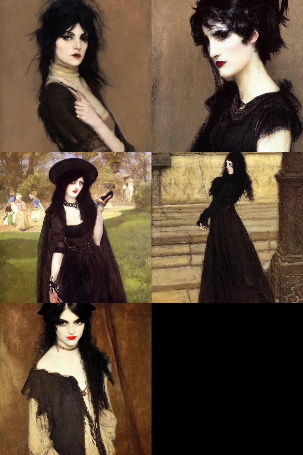 Prompt: goth painted by edwin austin abbey. high - quality character portrait. dark brown messy pixie cut, slightly rounded face, pointed chin, large black eyes!!!, small nose, black tank top, black leather jacket, black knee - length skirt, black choker.