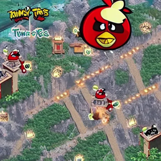 Prompt: angry birds flying in to twin towers