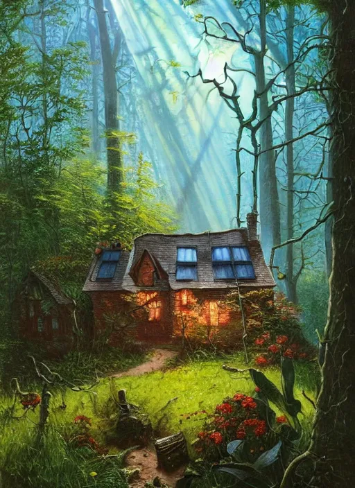 Image similar to hyper realistic witch cottage with solar panels with happy lighting and technology in the woods gorgeous lighting, sunbeams blue sky, lush forest foliage painting by zdzisław beksinski and norman rockwell and greg rutkowski weta studio, and lucasfilm