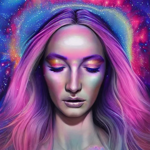 Image similar to a galaxy pink purple and blue colored psychedelic chakra awakening kundalini ethereal portrait of kim petras with her eyes closed transcending to a higher plane of existence, eternal blessing, multiverse, by android jones, by ben ridgeway, visionary art, by artgerm, featured on artstation, cgsociety, by greg rutkowski