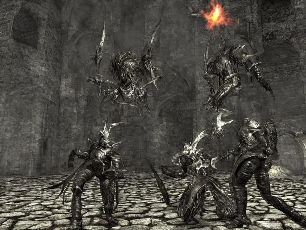Prompt: Demon Souls Dark Souls Boss fight in abandoned castle
