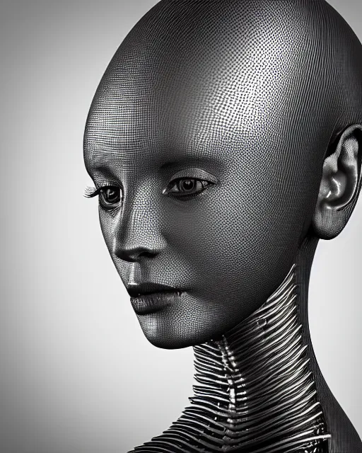 Image similar to mythical black and white organic bio-mechanical spinal ribbed face portrait detail of mechanical beautiful female angelic-vegetal-cyborg, highly detailed, intricate ornate, poetic, 3D render, digital art, octane render, 8K artistic photography, photo-realistic, by Man Ray