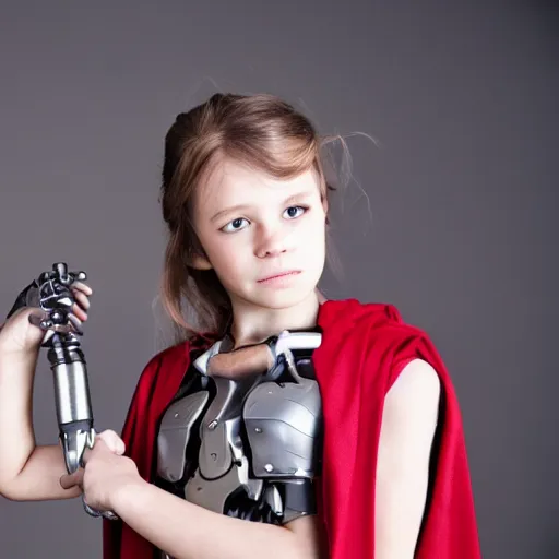 Image similar to cyborg girl wearing a cloak and a prosthetic arm