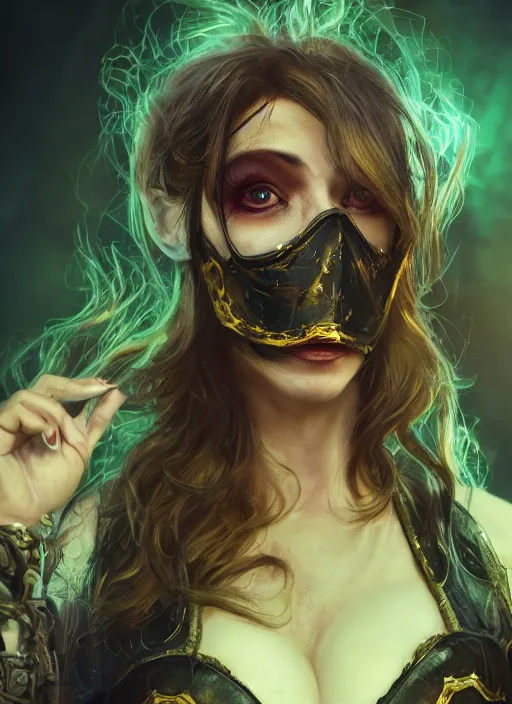 Image similar to renata glasc, from league of legends, chemical baroness wearing a toxic mask, au naturel, y siames, hyper detailed, digital art, trending in artstation, cinematic lighting, studio quality, smooth render, unreal engine 5 rendered, octane rendered, art style by klimt and nixeu and ian sprigger and wlop and krenz cushart