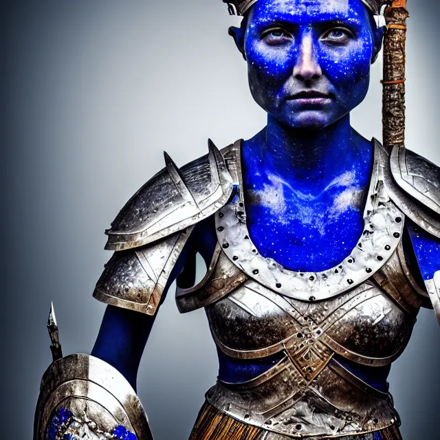 Prompt: photo of a beautiful warrior queen with lapis lazuli armour, highly detailed, 8 k, hdr, smooth, sharp focus, high resolution, award - winning photo