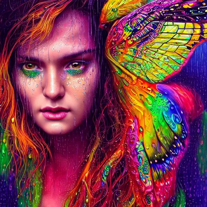 Image similar to bright psychedelic portrait with rain on face and wet hair, wings, smiling, diffuse lighting, fantasy, intricate, elegant, highly detailed, lifelike, photorealistic, digital painting, artstation, illustration, concept art, smooth, sharp focus, art by John Collier and Albert Aublet and Krenz Cushart and Artem Demura and Alphonse Mucha