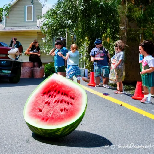 Prompt: a watermelon smashing against a stop sign. Watermelon bits flying everywhere.