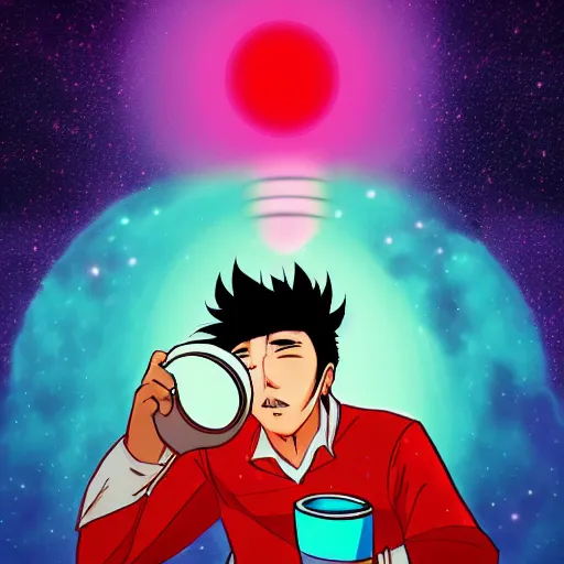 Image similar to A man drinking a cup of cosmic energy bright light by Masafumi Harada, 4k, digital art, surreal, anime style, space dandy style, highly detailed, godsend, artstation