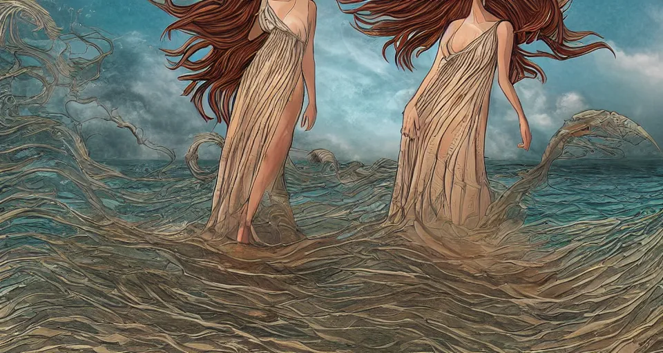 Prompt: A woman wearing a sundress watching as an eldritch sea god emerges from the ocean, digital art, detailed