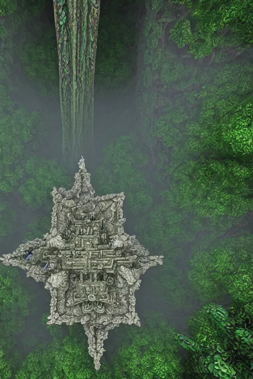 Image similar to ancient fractal temple, altar, primordial diamond radiating - sharp focus view of a megastructure in the hanging gardens of a radiant forest jungle, overgrown garden, scanned earth terrain fractal bridges, highly detailed erosion algorithm landscape, by albert bierdstat, by glenn small, high resolution, 8 k photorealism, god rays in volumes of fog, looking up perspective