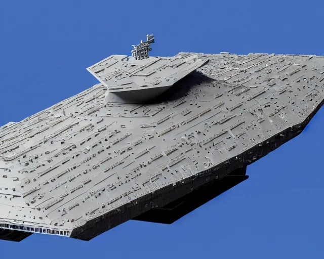 Image similar to 4 k hd, high resolution photograph of star destroyer, full colour, shot with sigma f / 4. 2, 2 5 0 mm sharp lens, wide shot, high level texture render