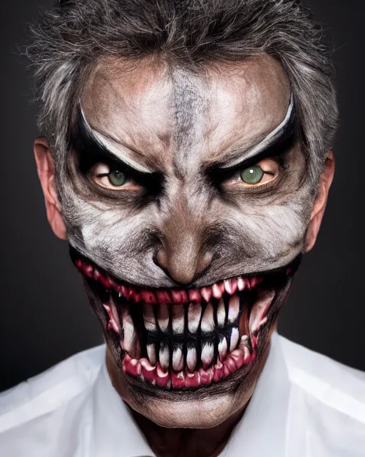 Image similar to angry Mauricio Macri showing teeth in Elaborate Cat Man Makeup and prosthetics designed by Rick Baker, Hyperreal, Head Shots Photographed in the Style of Annie Leibovitz, Studio Lighting