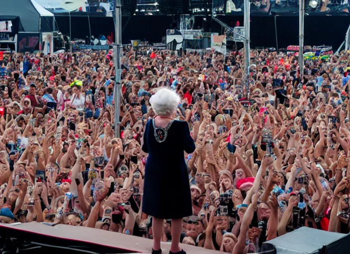 Image similar to photo still of queen elizabeth on stage at vans warped tour!!!!!!!! at age 7 0 years old 7 0 years of age!!!!!!! in the mosh pit, 8 k, 8 5 mm f 1. 8, studio lighting, rim light, right side key light