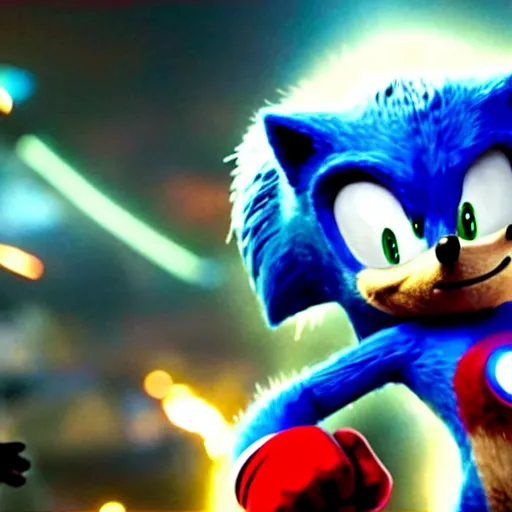 Image similar to The famous scene in the Avengers when Sonic the Hedgehog finally arrived to the fight and beat Thanos, movie sonic, extremely detailed with lots of background explosions and effects, grinning, wearing red gloves, 4k, 8k, HDR