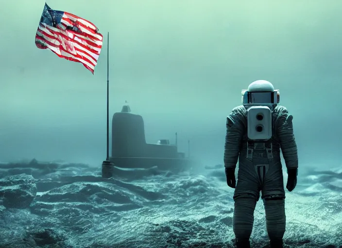 Image similar to astronaut holding a flag in an underwater desert. a submarine is visible in the distance. dark, concept art, cinematic, dramatic, atmospheric, 8 k, trending on artstation, blue, fish, low visibility, fog, ocean floor, christopher nolan, interstellar