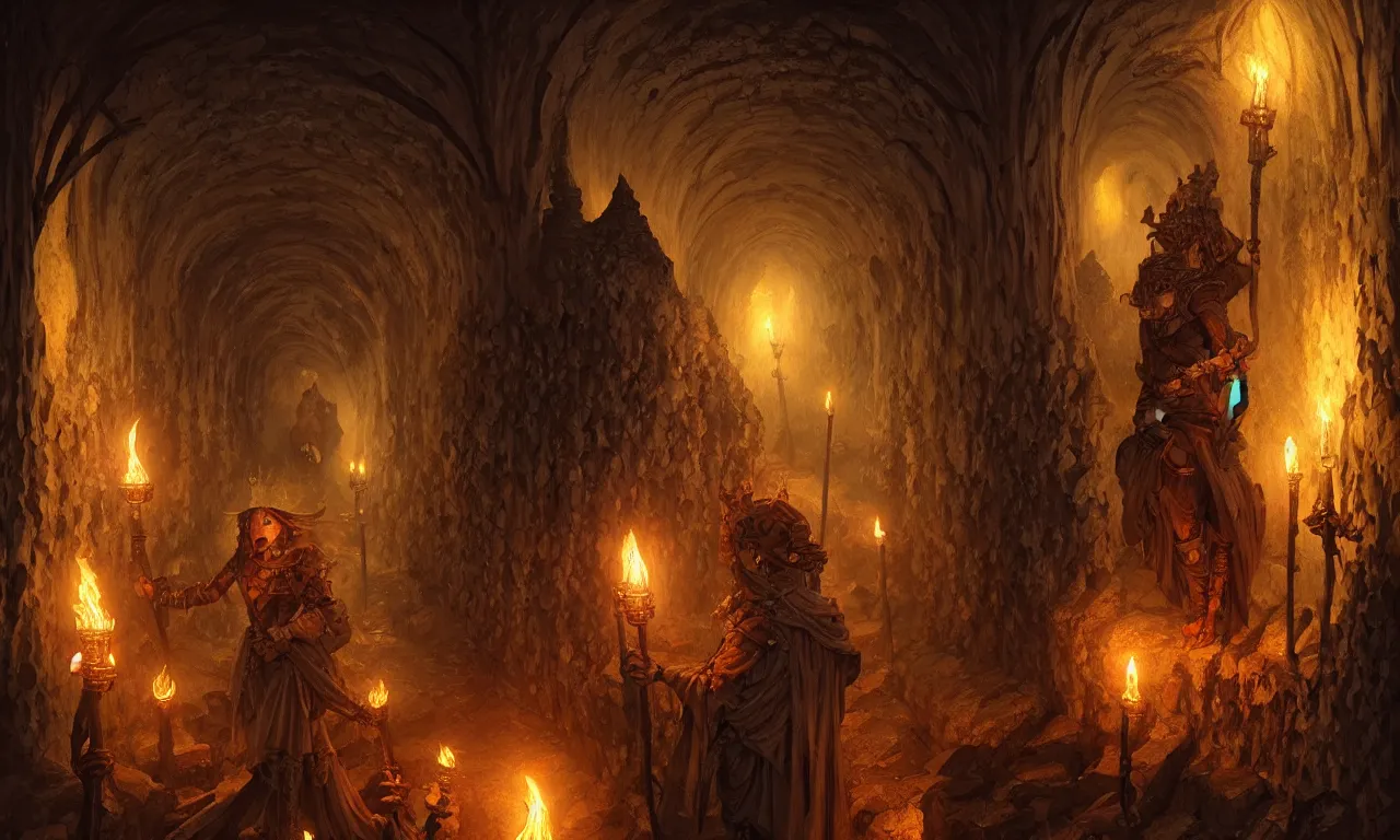 Prompt: Scary endless medieval catacombs with torches. Mystical nightmare concept, fantasy, intricate, elegant, highly detailed, digital painting, artstation, concept art, smooth, sharp focus, illustration, art by artgerm and greg rutkowski and alphonse mucha