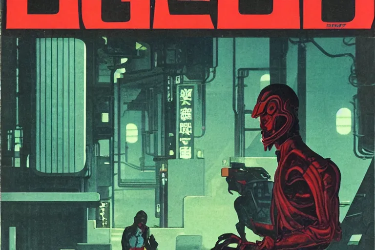 Prompt: 1979 Magazine Cover of an argonian leaning against a red jade desk with a large circular window to neo-Tokyo streets behind him. in cyberpunk style by Vincent Di Fate