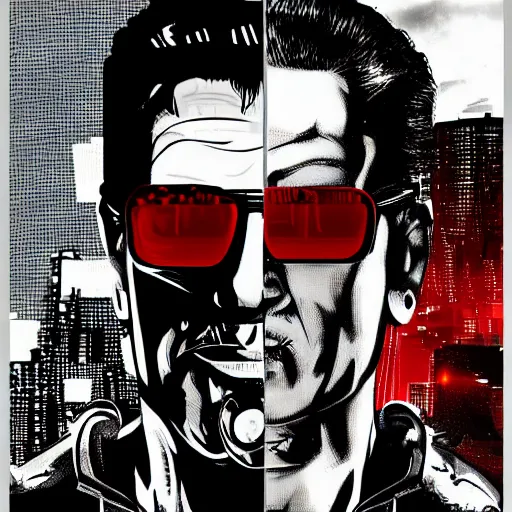 Image similar to cyberpunk arnold schwarzenegger from the movie red heat as the leader of a futuristic communist society, cybernetics, sharp lines, digital, artstation, colored in