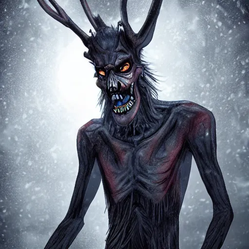 Image similar to detailed digital art of a pale, scrawny wendigo; until dawn; snow; dark, horrifying